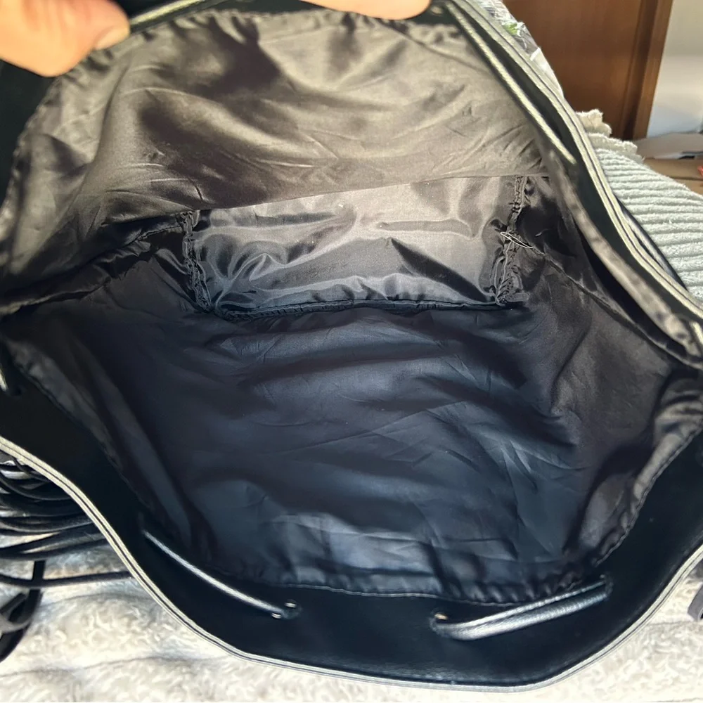 Victorias Secret Black Fringe Bucket Bag Drawstring Crossbody Vegan Leather Boho